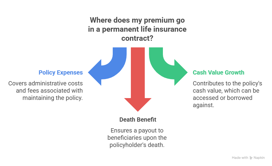 Where does my premium go in a permanent life insurance contract? Answer: policy expense, death benefit, and cash value growth. 